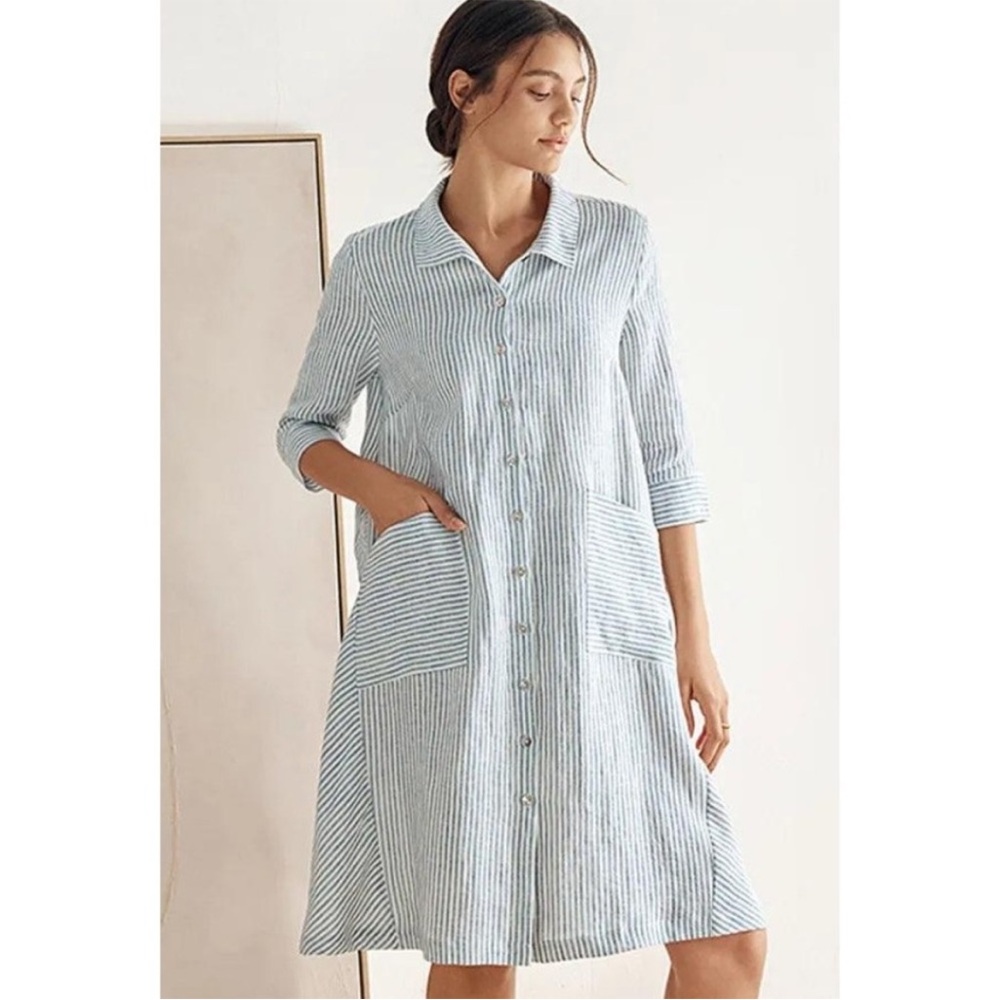 Lintico Women’s Blue & White Striped 100% Linen Button Down Midi Shirt Dress - Picture 2 of 8